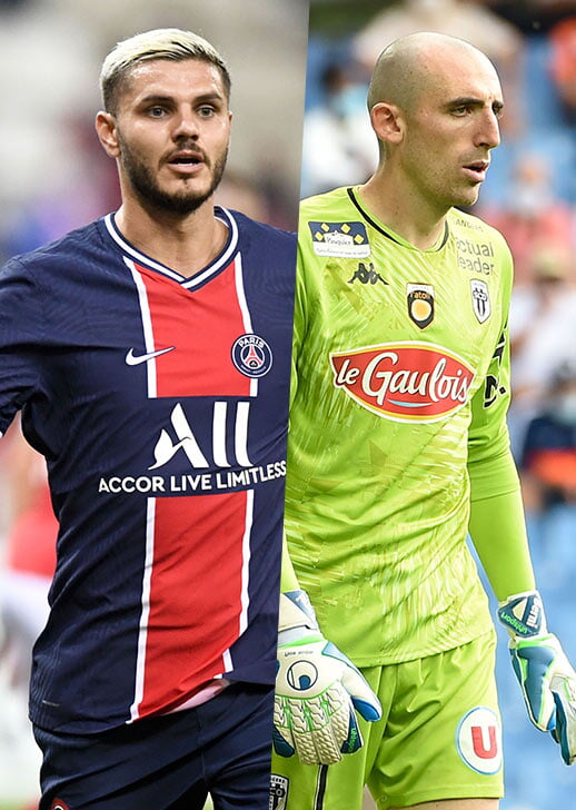 Mauro Icardi (PSG) et Paul Bernardoni (Angers SCO).